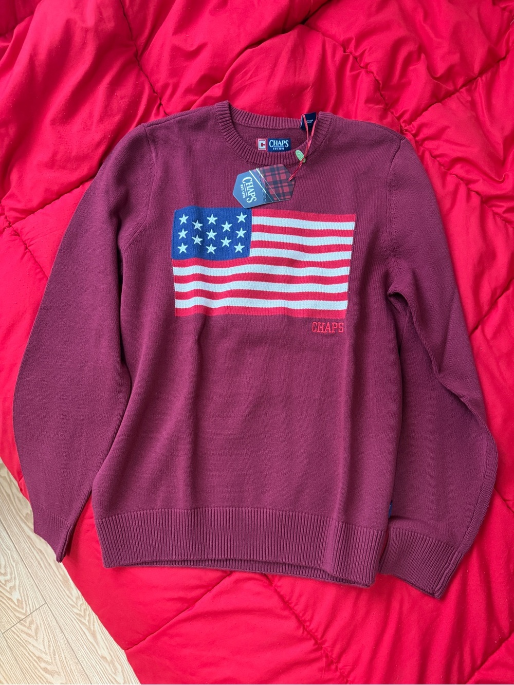 Chaps Men's Burgundy Crewneck Sweater with Flag Graphic